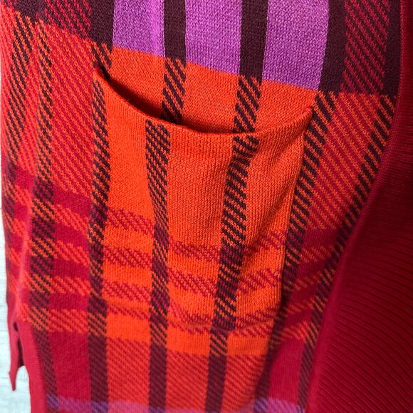 Isaac Mizrahi long cardigan bold plaid red to orange packets cozycore fall Y2K - Picture 3 of 9